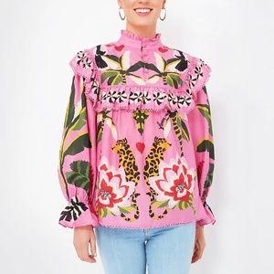 Farm Rio Leopard Forest Pink Blouse Size: Medium
